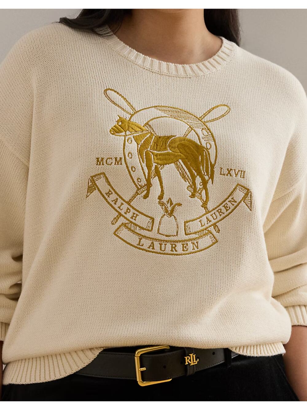 LAUREN BY RALPH LAUREN Embroidered Equestrian Cotton Crewneck Sweater Size XSP